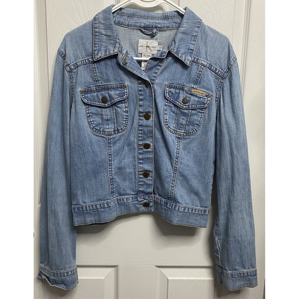 Calvin Klein Women Vintage Y2K Light Denim Jean Cropped Trucker Jacket Size L